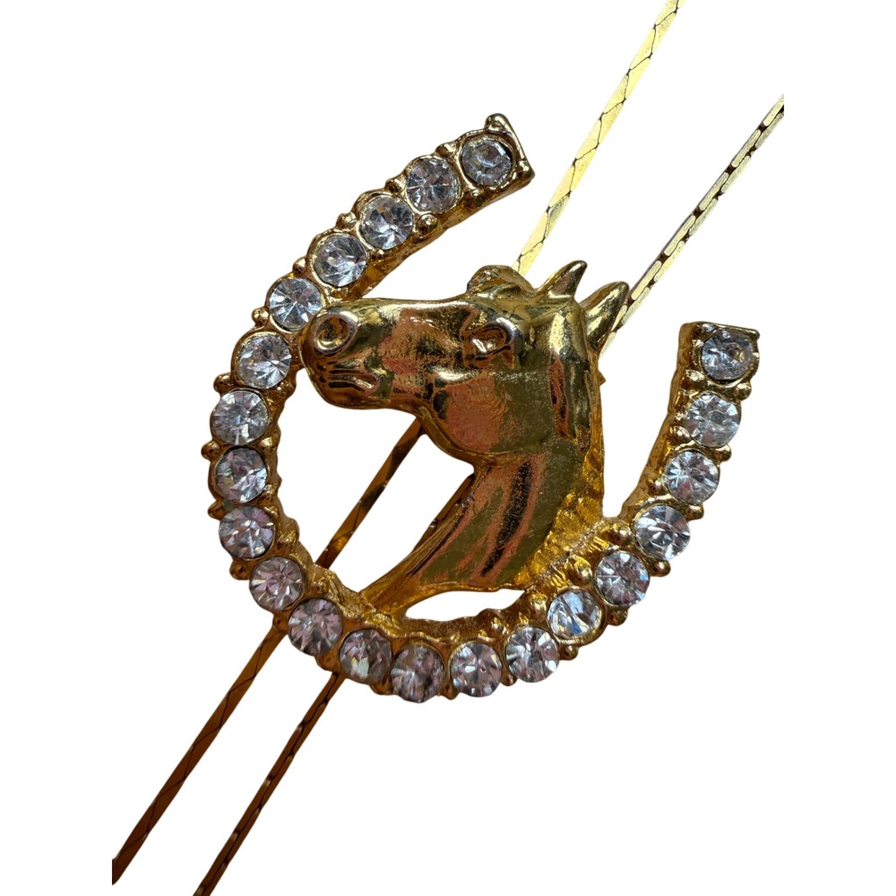 Gold Tone Rhinestone Horseshoe Horse Head Bolo Necklace Western Vintage Style